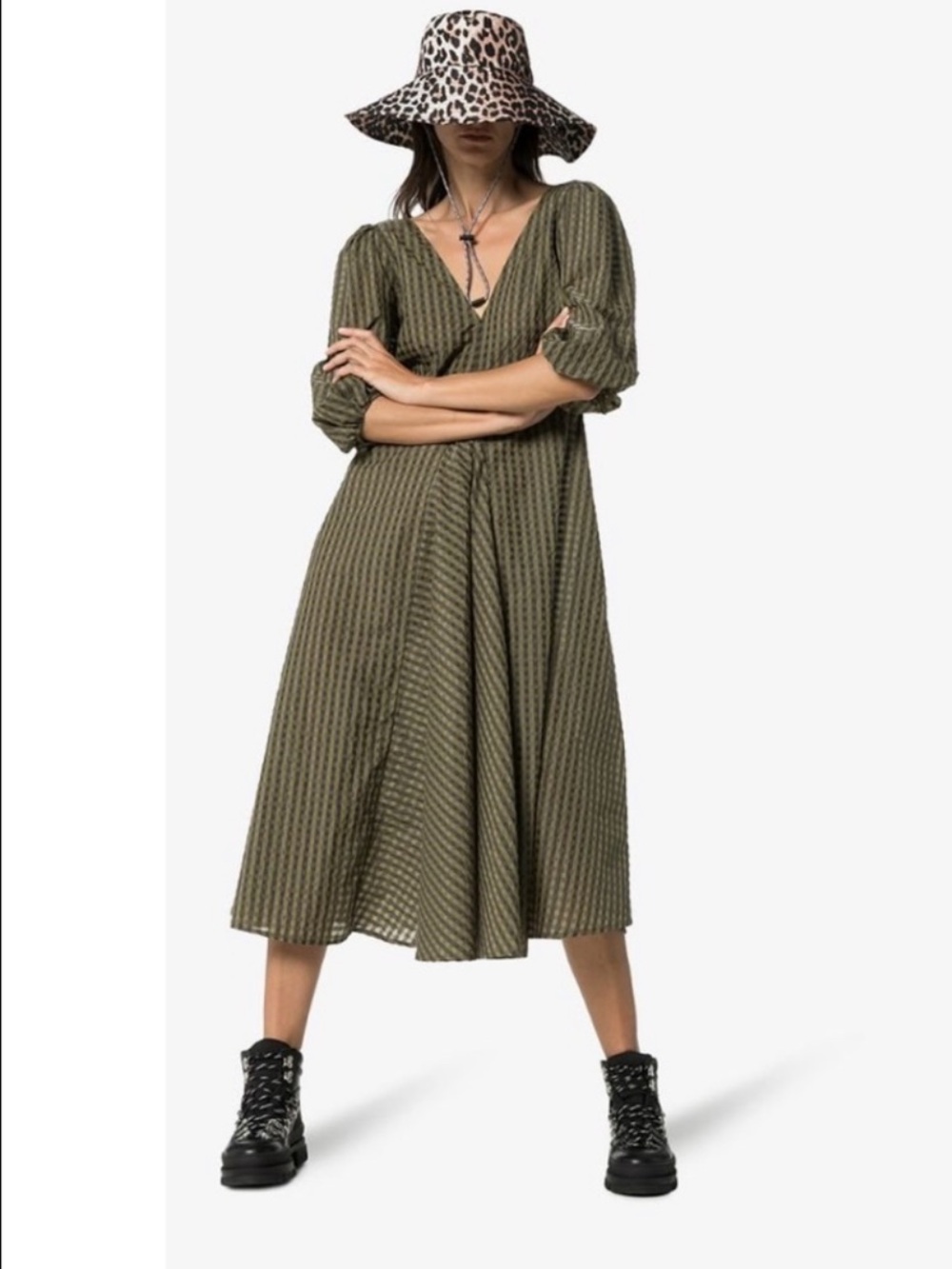 Ganni Olive Green Metallic-Check Midi Dress